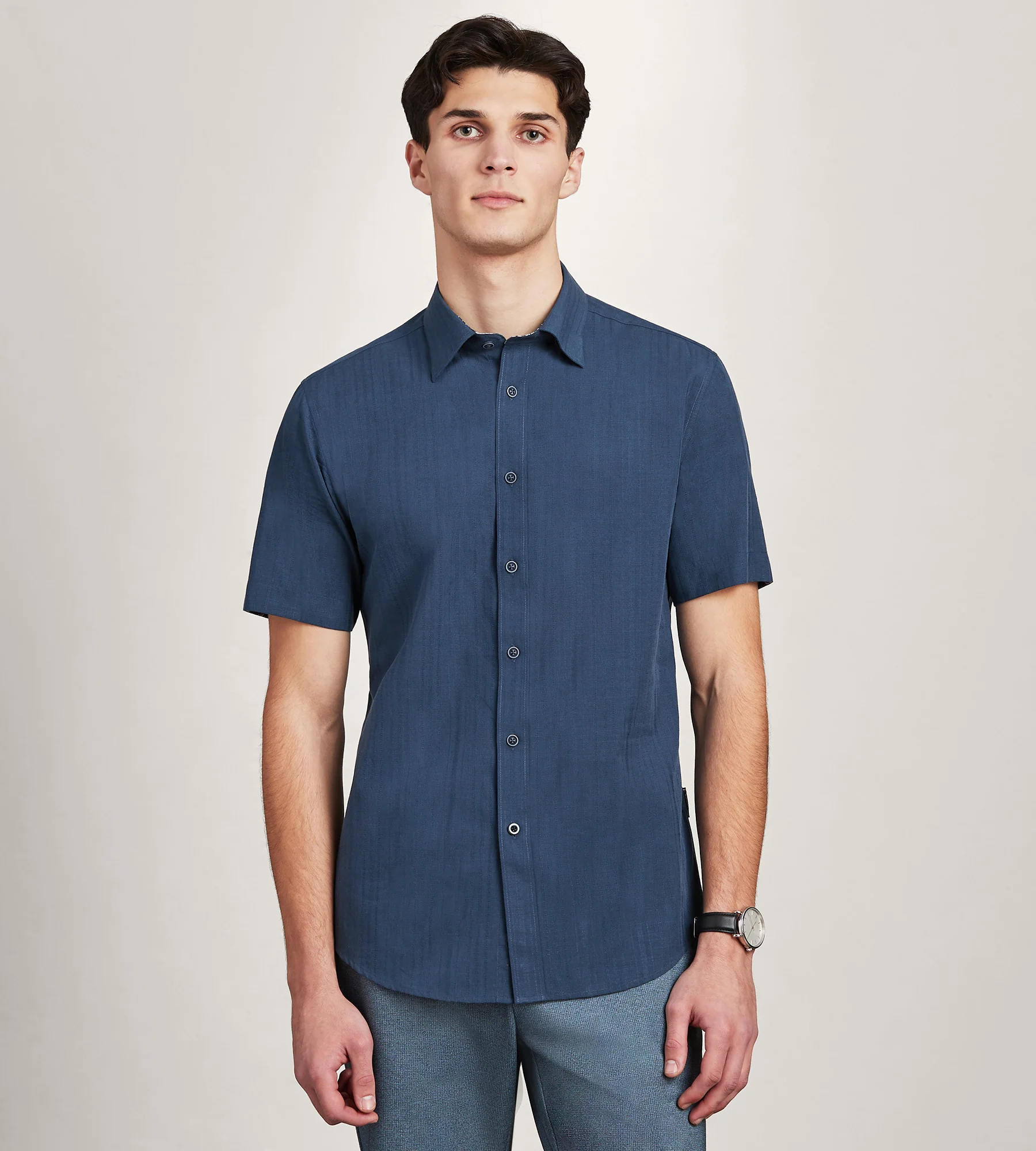 Modern Fit Short Sleeve Linen Like Solid Casual Shirt