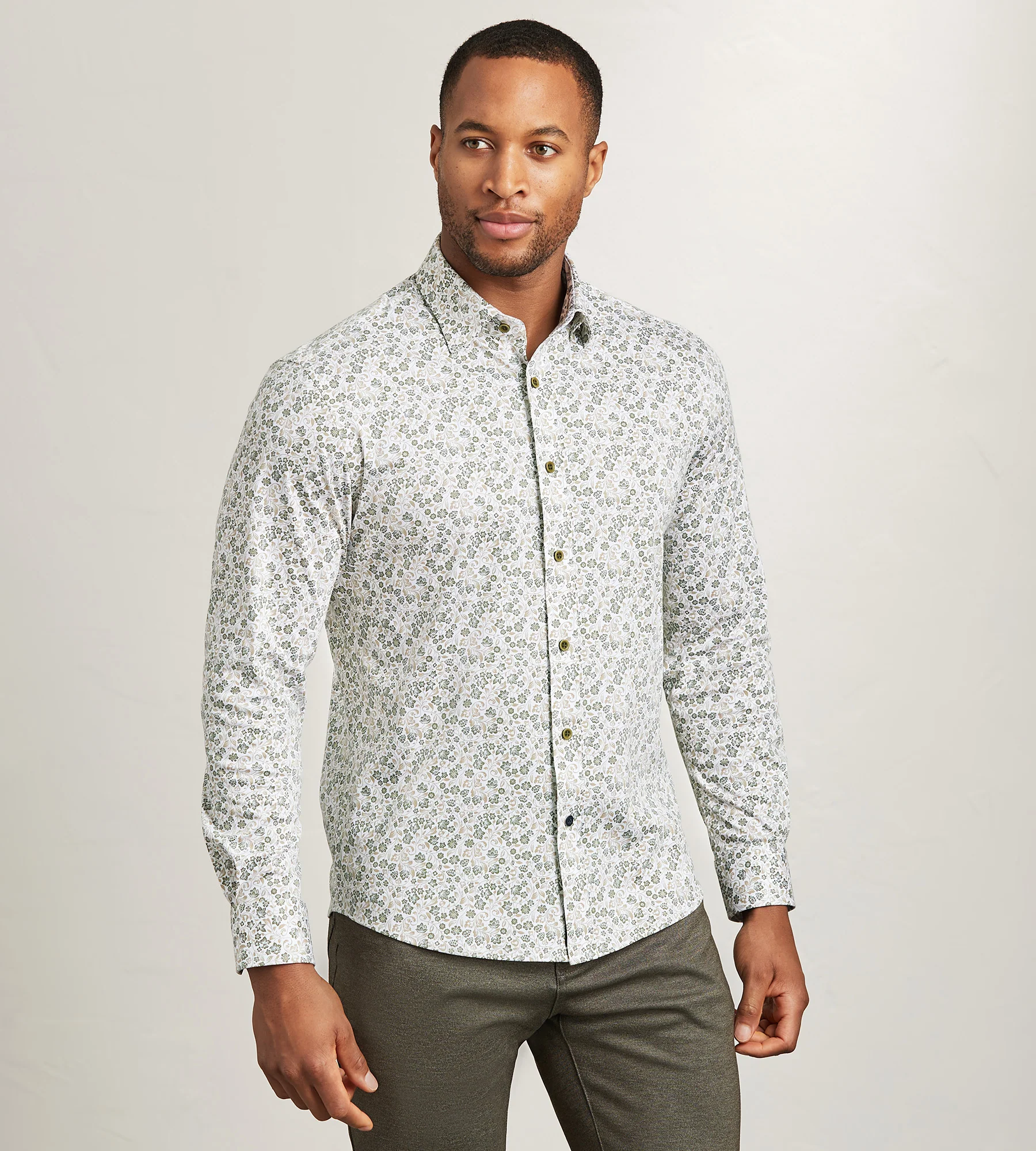 Modern Fit Long Sleeve Botanical Pattern 360 Stretch Casual Shirt