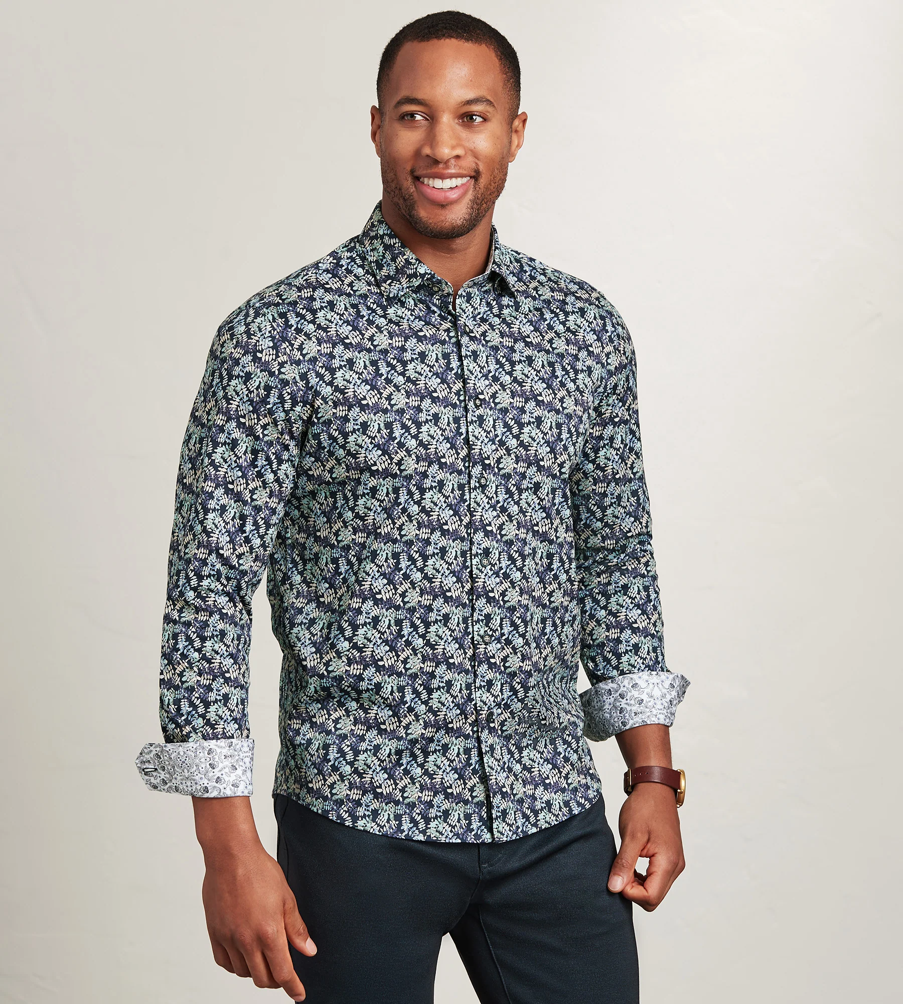 Modern Fit Long Sleeve Botanical Pattern 360 Stretch Casual Shirt