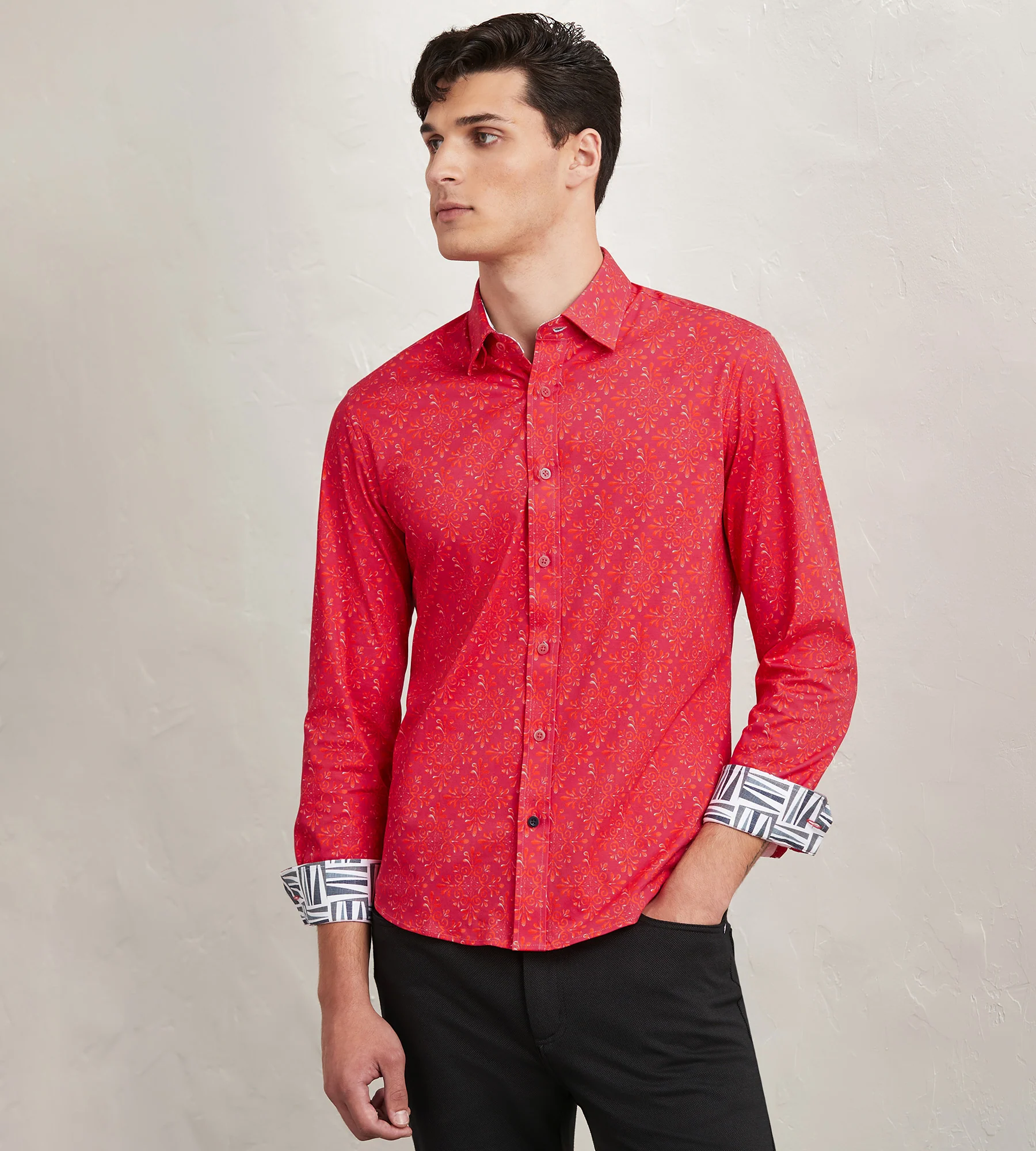 Modern Fit Long Sleeve Floral Pattern 360 Stretch Casual Shirt