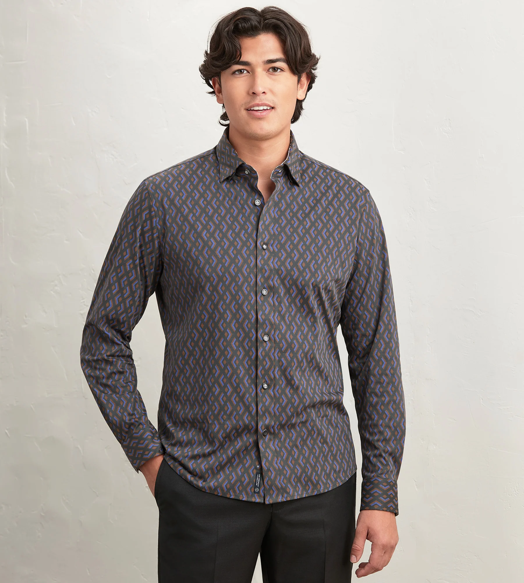 Modern Fit Long Sleeve Geo Pattern 360 Stretch Casual Shirt