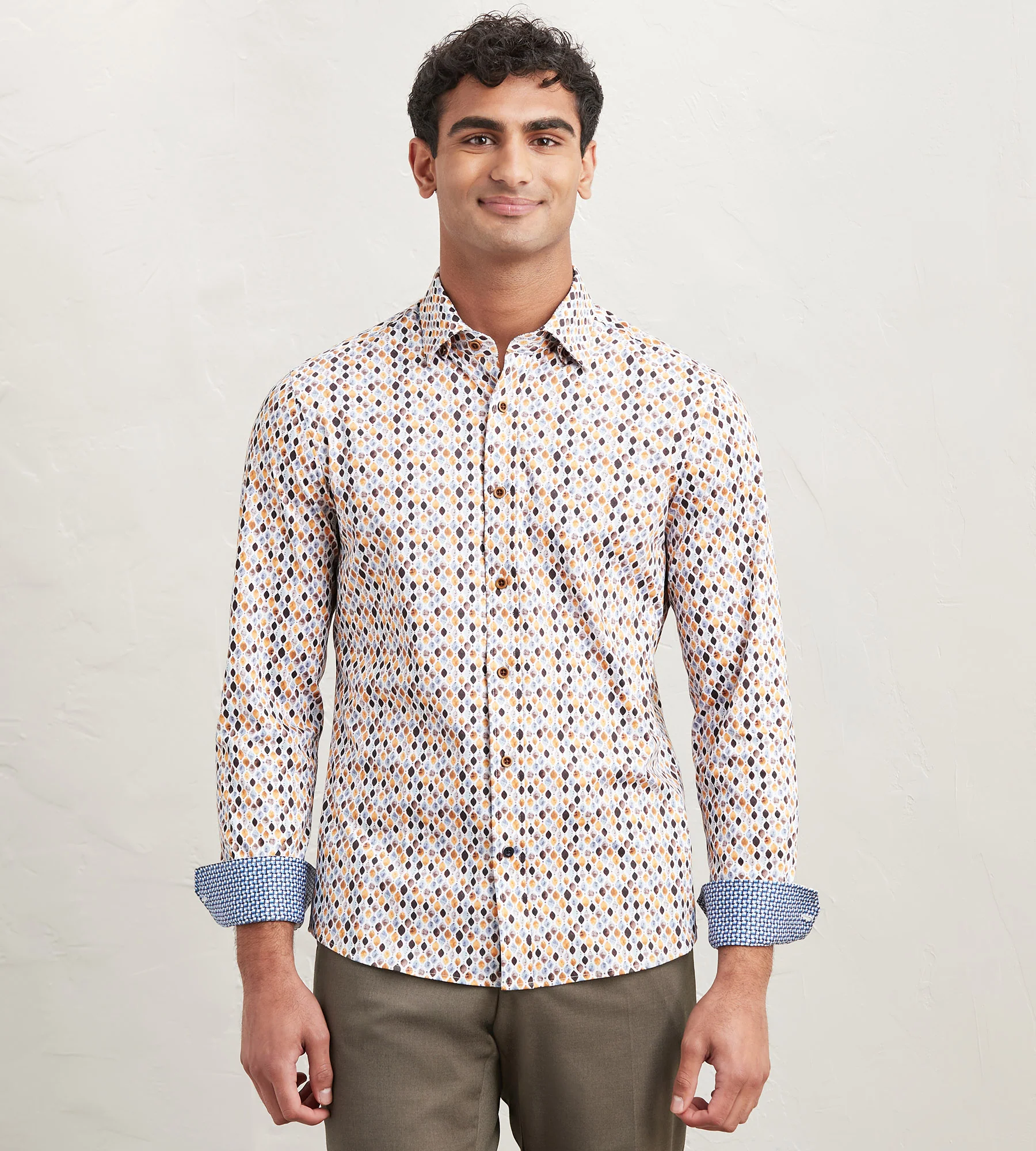 Modern Fit Long Sleeve Diamond Pattern 360 Stretch Casual Shirt