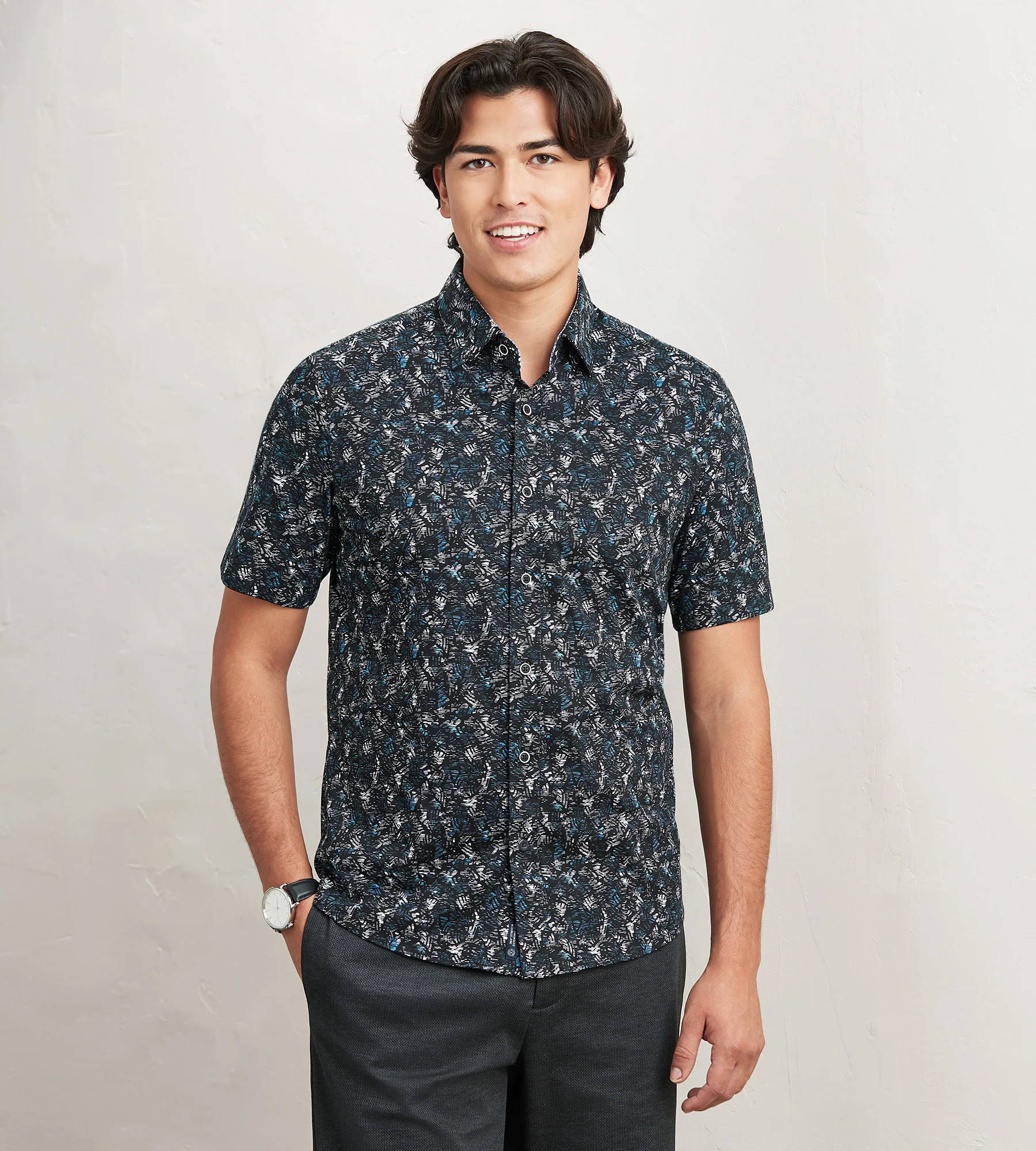 Modern Fit Short Sleeve Textured Pattern 360 Stretch Casual Shirt